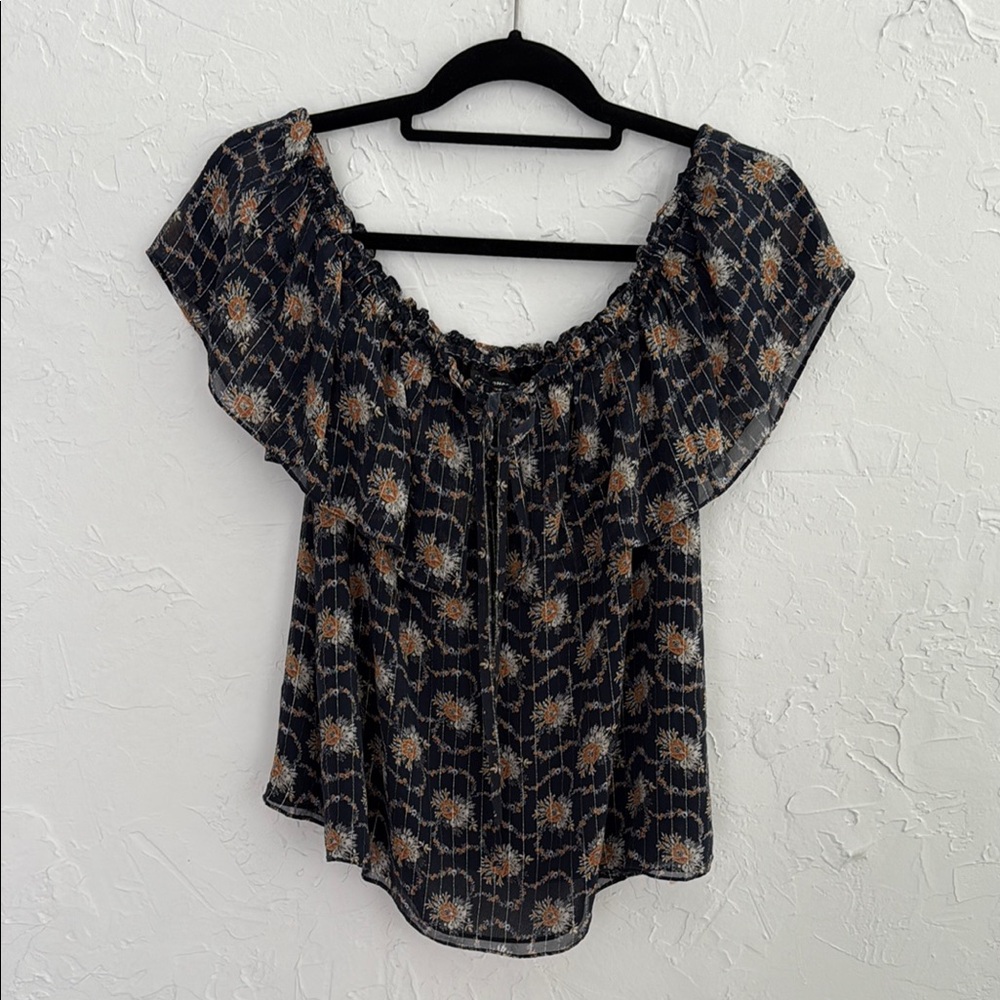 Club Monaco Floral Ruffle Blouse Dark Blue and Cream - S